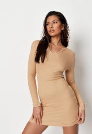 Shape camel slinky high neck bodycon dress. Bodycon Dresses Nude Grey Green Bodycon Missguided