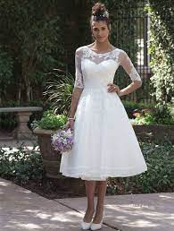 Short Lace Tea Length Wedding Dress With 3 4 Length Sleeve Jacket A Line Bridal Clothing S Perfect Wedding Dress Tea Length Dresses Tea Length Wedding Dress