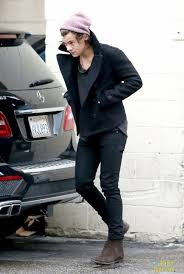 Tonal elasticized gusset at sides. Harry Styles Wearing Black Pea Coat Charcoal Crew Neck Sweater Black Skinny Jeans Dark Brown Suede Chelsea Boots Lookastic