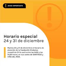 Conoce los horarios de nuestro centro médico y los servicios de endoscopía, imágenes, odontología, toma de muestras y vacunatorio de clínica uandes. El Horario De Atencion Del 24 Y 31 De Diciembre Sera De 9 00 A 14 00 Horas Fundacion Diabetes Juvenil De Chile