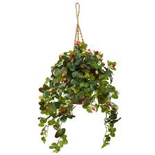 Nearly Natural Indoor 41 In H Strawberry Bush Silk Arrangement In Hanging Basket 6987 Hanging Plants Strawberry Bush Small Artificial Plants