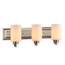 Vanity lights, while absolutely essential, they aren't the only type of lighting you need in your bathroom. Commercial Electric 3 Light Brushed Nickel Vanity Light With Matte White Glass Shades The Home Depot Canada