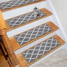Ottomanson Glamour Collection Gray 9 In X 26 In Rubberback Trellis Stair Tread Cover Set Of 13 Pnk7023 13pk The Home Depot Stair Tread Covers Carpet Treads Carpet Stair Treads
