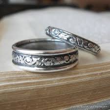 His And Hers Bands Matching Wedding Bands Silver Wedding Band Set With Ancathus Leaf Pattern Scroll Wedding Rings Engraving Available Silver Wedding Bands Western Wedding Rings Engraved Wedding Rings