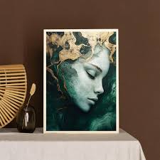 Impression de femme abstraite verte, art mural portrait de femme moderne,  peinture effet feuille d'or, dessin au trait visage minimaliste,  téléchargement numérique
