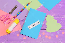 One side at a time and press down to secure. How To Make Greeting Card Merry Christmas Step Colored Paper Set Scissors Pencil Glue Stick Christmas
