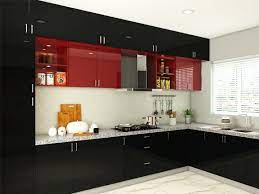 The layering effect here is quite intriguing: Dark Phoenix L Shaped Black And Wine Red Modular Kitchen India Homelane