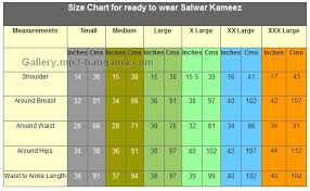 Size Chart For Ready To Wear Salwaar Kameez Ready Made