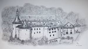 Schloss Clervaux Luxemburg Schloss Buntstiftzeichnung Landschaft Zeichnung Von Tanlep Bei Kunstnet
