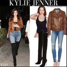 Kylie Jenner In Brown Leather Acne Jacket With Black Top Skinny Jeans And Black Suede Tight Boots In Los Angeles On July 29 Black Tops Jenner Outfits Skinny Jeans