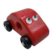 Vintage Tiny Tims Toy Factory Red Wooden Toy Push Car Smiling Face