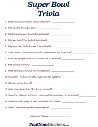 Feb 11, 2021 · test your sports trivia knowledge with these 40 questions and answers that cut across different sporting activities, eras, and sports records. Printable Super Bowl Trivia Game