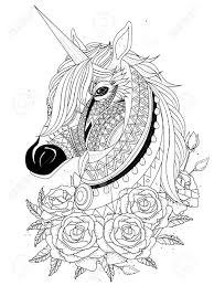 Hand drawing unicorn for adult anti stress coloring pages, artistic fairy tale magic animal in zentangle tribal style, patterned illustartion, vector tattoo. Sacred Unicorn With Roses Adult Coloring Page Royalty Free Cliparts Vectors And Stock Illustration Image 54051570
