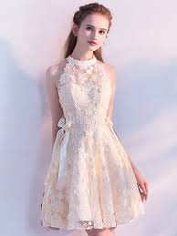 Short Prom Dresses Champagne Homecoming Dress Bows Applique Graduation Dress Champagne Homecoming Dresses Short Graduation Dresses High Neck Homecoming Dresses