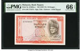 Pengumuman itu dibuat perdana menteri datuk seri najib razak dalam satu kenyataan media pada 27 april 2016. Malaysia Bank Negara 10 Ringgit Nd 1967 72 Pick 3a Knb3a C Pmg Lot 88144 Heritage Auctions