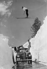 Black And White Throwback Retro Ski Jump Over A Car Black And White Throwback Www Boardtrader Com Vintage Ski Posters Vintage Ski Vintage Photography