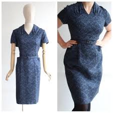Black And Blue Dress Illusion Original Picture Bergerac Vintage 1950 S Blue Black Abstract Brocade Wool Dress Uk 14 16 Vintage 1950s Dresses Fifties Dress Brocade Dresses