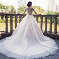 Illusion Long Sleeves Lace Ball Gown Wedding Dresses Big Train Custom Made Plus Size Bridal Gowns Buttons Back Lace Wedding Gowns Ball Dresses Black And White D Wedding Dresses Lace Ballgown