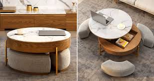 This round metal round table comes with a strong modern and chic flavor with the mixing of gold/black frame and tempered glass top. This Space Saving Coffee Table Has Three Cushion Seats And A Pull Out Desk