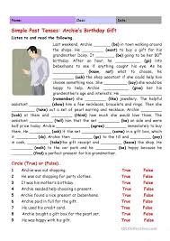 Simple Past Tenses Archie S Birthday Present English Esl Worksheets For Distance Learning And Physi Simple Past Tense Teaching English Grammar Learn English