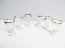 Vintage French Aperitif Glasses 6 Small With Gold Rim France Aperitif Glasses Bar Glasses Shot Glasses