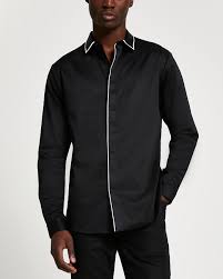 Black Piped Sateen Long Sleeve Shirt River Island