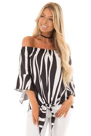 Black And White Striped Off The Shoulder Dress Black And White Striped Off Shoulder Top With Tie Detail Tops Striped Off Shoulder Top Trendy Tops