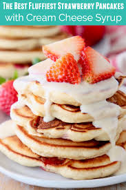 Fluffy Homemade Strawberry Pancakes Are Filled With Fresh Juicy Strawberries Drizzled With Breakfast Recipes Kids Strawberry Pancakes Breakfast Recipes Easy