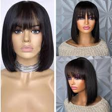 Cabelo humano remy Peruca Curto Liso Liso Seda Prumo Bob curto Franja Lisa  Com Franjas Cor
