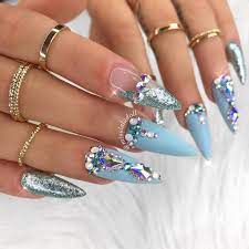 Kiara Sky D566 You Make Me Melt Dip Powder Blue Acrylic Nails Nails Design With Rhinestones Luxury Nails