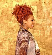 Keyshia Cole With Red Curly Hair Gathered In A Top Bun On The Fashion Time Http Thefashiontime Com 15 K Keyshia Cole Hairstyles Hair Styles Cool Hairstyles