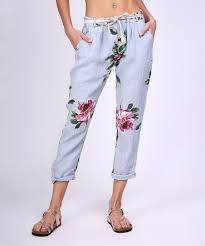 Ornella Paris Gray Floral Cuffed Linen Pants Women