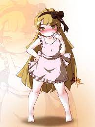 orion hagane, tiphereth a (project moon), lobotomy corporation, project  moon, translation request, 1girl, apron, barefoot, black bow, blonde hair,  blush, bow, closed mouth, covered erect nipples, embarrassed, female focus,  full body, gradient