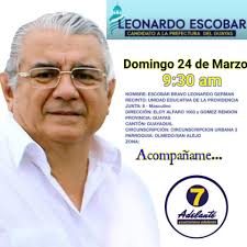 Este Domingo acompaña a nuestro nuevo Prefecto del Guayas, Leonardo Escobar  a votar en el cantón Guayaquil en la parroquia Olmedo/San Alejo! Adelante,  ecuatoriano. Vota todo 7!