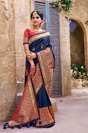 Blue Designer Reception Wear Silk Saree With Tassels On Pallu 4406 28272 Whatsapp 91 9377709531 Sareewholesal Saree Designs Trendy Sarees Pure Silk Sarees