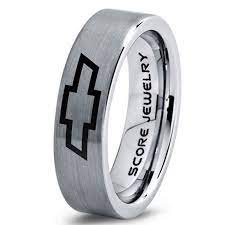 Silver Tungsten Ring With Flat Edge Brushed Finish 6mm Tungsten Wedding Band Chevy Bowtie Ring Chevrolet Ring Chevy Ring Tungsten Wedding Bands Silver Tungsten Tungsten Ring