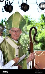 Archbishop John Wester of the Archdiocese of Santa Fe welcomes visitors to  the annual Spanish Market in Santa Fe, New Mexico Stock Photo