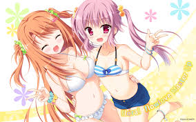 moribe (rabumanyo), mihato kano, saisu riku, floral flowlove, highres,  2girls, barefoot, bikini, blue shorts, breasts, brown hair, cleavage,  closed eyes, collarbone, denim, denim shorts, frilled bikini, frills, hair  bobbles, hair ornament, hand
