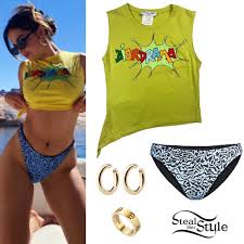 All of our swimwear is made from a fabric with upf 50+ sun protection built in to keep her safe in the rays. Addison Rae Yellow Tank Top Blue Bikini Steal Her Style