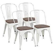 Metal dining chairs with wooden seats and bleachers band. Metal Dining Chairs With Wood Seat Distressing Tolix Style Indoor Outdoor Stackable Industrial Chair With Back Set Of 4 For Kitchen Dining Room Bistro And Cafe White Amazon In Furniture