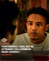 Happy for every nominee and the promotion of Caribbean music, Yung Bredda  says he isn't caught up in the hype and has good reason.  https://boomchampionstt.com/yung-bredda-i-will-not-be-attending-the-caribbean-music-awards/  #boomchampionstt #boom94