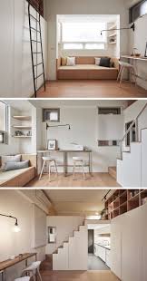 This Small Apartment Has A Built In Sofa To Provide Comfortable Seating And A Bar Tables Have Small Loft Apartments Apartment Interior Design Apartment Design