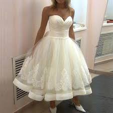 Strapless Sweetheart A Line 50s Style Tea Length Wedding Dresses With Satin Binding Hemline Gdc1519 In 2020 Short Wedding Dress Tea Length Wedding Dress Tea Length Wedding Dress Vintage