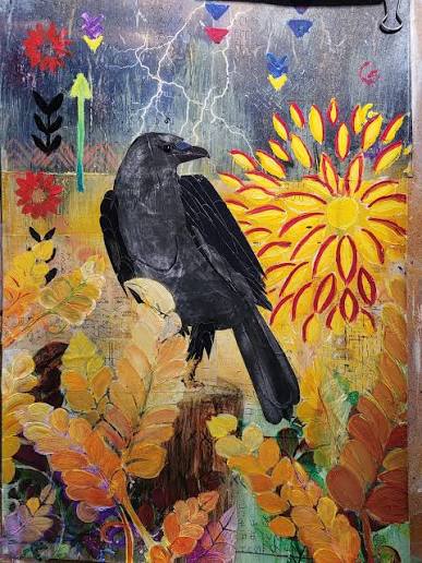 Mixed Media Collage with Fall Leaves and Bird