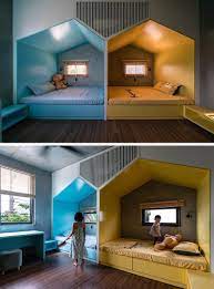 Shared Children S Bedroom Has Two Little Houses Built In Modern Kids Bedroom Little Houses Kids Shared Bedroom