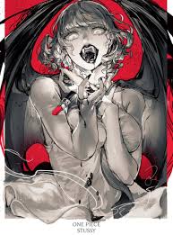 stussy (one piece), one piece, highres, 1girl, arm between breasts, between  breasts, black necktie, black wings, blonde hair, blood, blood on face,  breasts, character name, copyright name, curly hair, demon wings, dress,  english text, fangs, lipstick, looking at ...