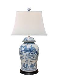 Large antique blue & white porcelain chinese temple jar lamp with cobalt blue fu dogs on celadon background and teak base. Large Village Scene Ginger Jar Lamp Ginger Jar Lamp Lamp Chinoiserie Lamp
