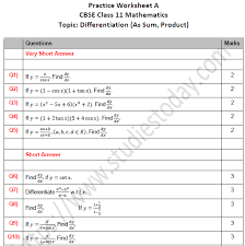 Derivative worksheets include practice handouts based on power rule, product rule, quotient rule, exponents, logarithms details: Cbse Class 11 Maths Differentiation As Sum Product Worksheet Set A