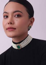 Buy Teal Green Studded Pearl Choker In Mix Metal