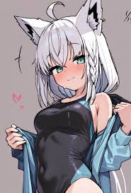 masasirai, shirakami fubuki, hololive, highres, 1girl, ahoge, animal ears,  aqua eyes, bare shoulders, blush, braid, breasts, covered navel, earrings,  fox ears, grey hair, heart, jacket, jewelry, long hair, medium breasts, off  shoulder,